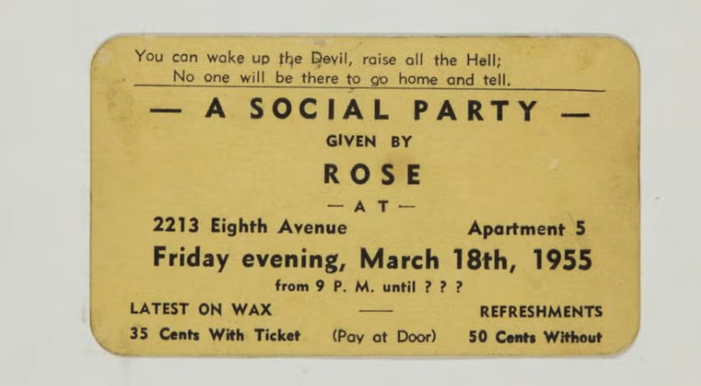 Carton d’invitation à une Harlem Rent Party du 18 mars 1955